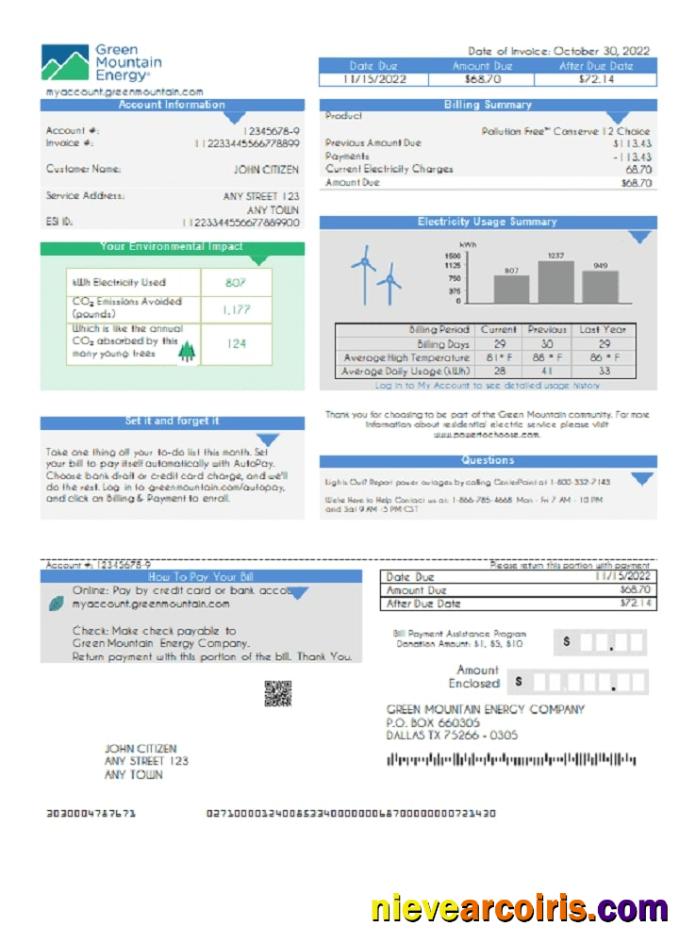USA Green Mountain Energy utility bill